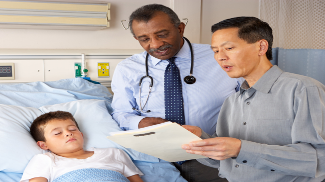 doctor interpreting the medical results of the man's sick child